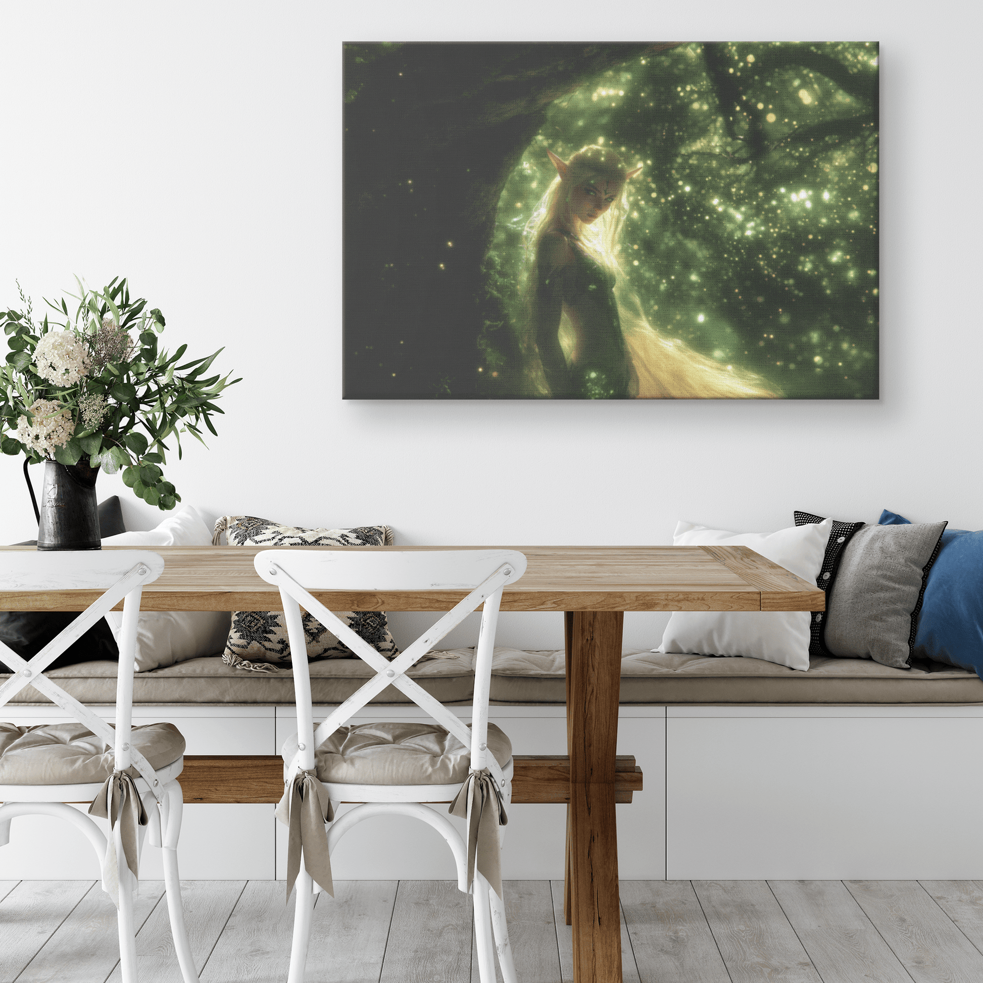 Vibrant Female Blood Elf Hunter in Enchanted Forest with Golden Mist and Radiant Green Light Canvas Wall Art - Awakening Righteousness
