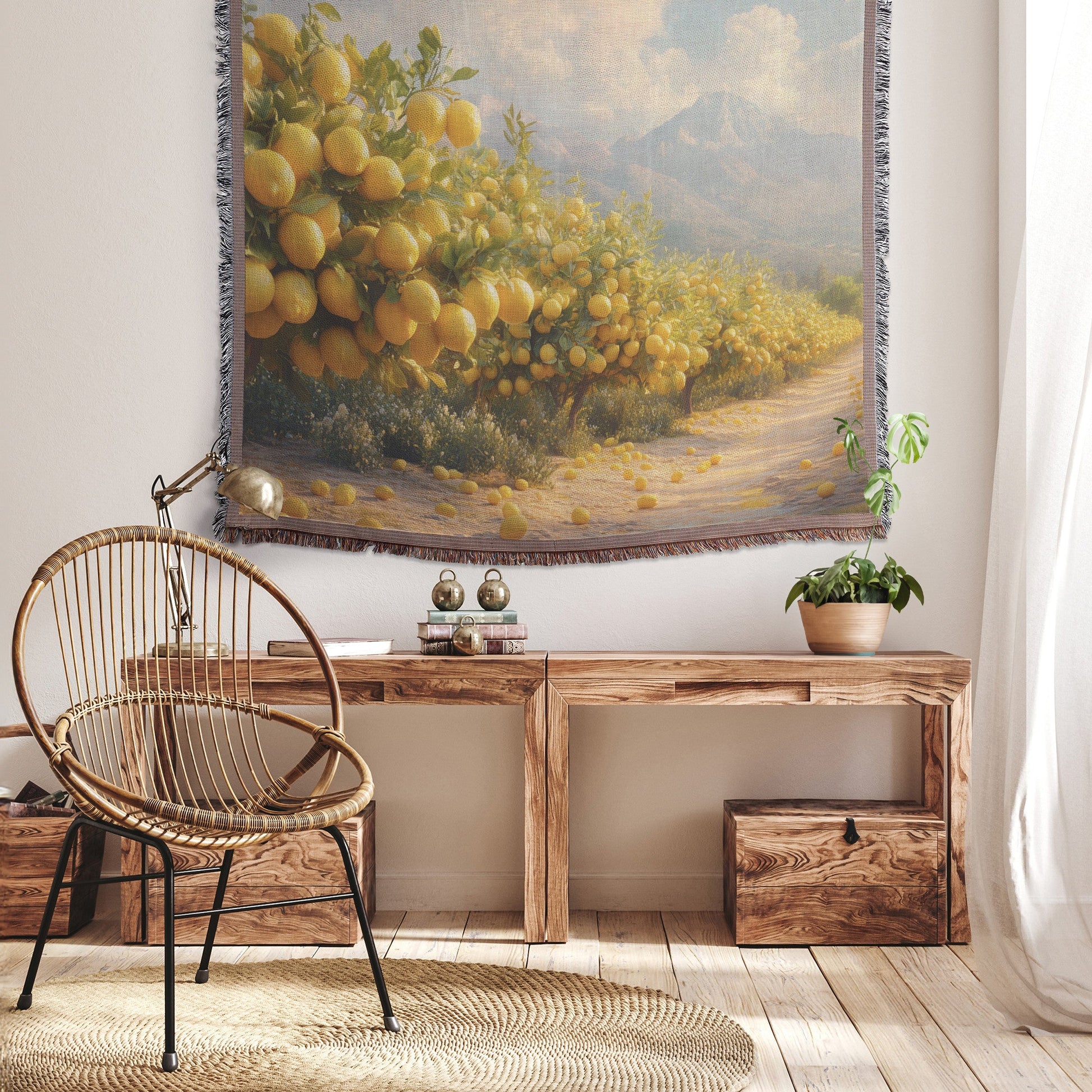 Vibrant Lemon Orchard with Ripe Fruit and Scenic Mountain View Woven Throw Blanket for Home Decor - Awakening Righteousness