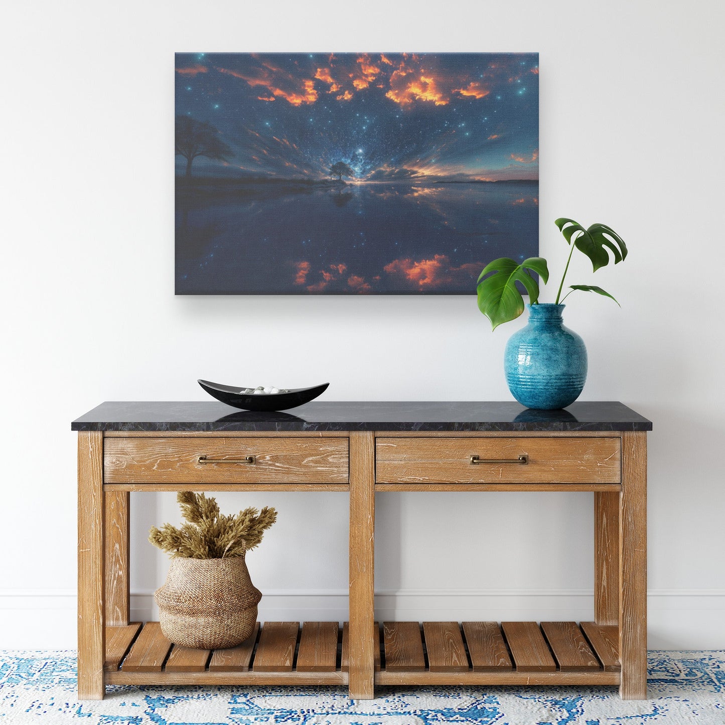 Vibrant Night Sky with Cosmic Reflections and Fiery Clouds Canvas Wall Art Decor - Awakening Righteousness