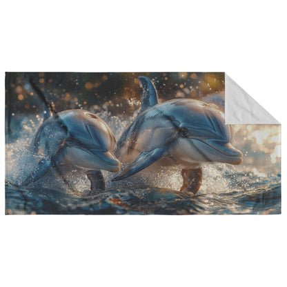 Vibrant Ocean Dolphins Leaping Through Sparkling Waves Beach Towel for Coastal Style and Summer Relaxation - Awakening Righteousness