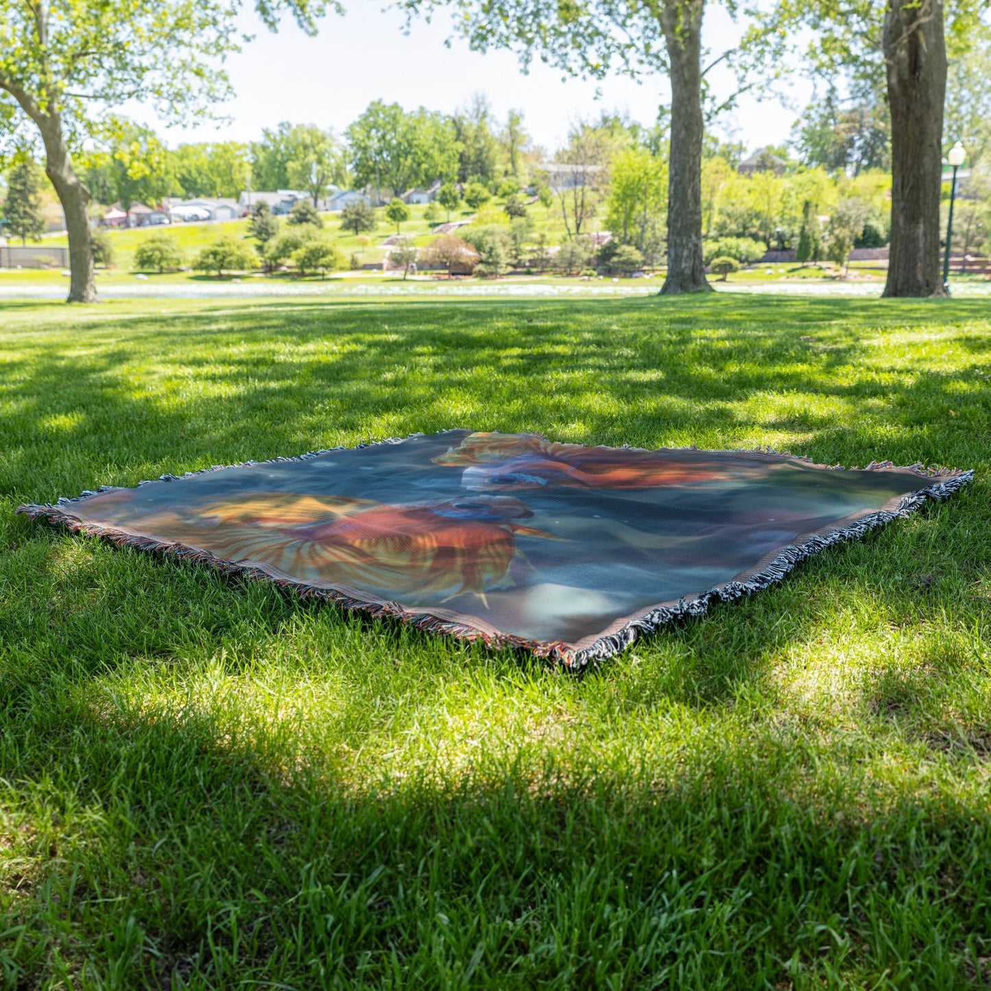 Vibrant Pair of Fish Swimming Together Woven Throw Blanket for Ocean and Fish Lovers - Awakening Righteousness