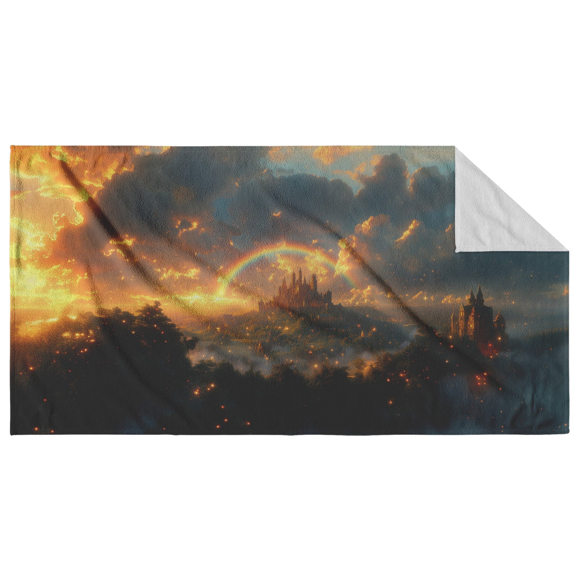 Vibrant Rainbow Arching Over Enchanted Fantasy Castle Lush Greenery Glowing Clouds Sparkling Golden Mist Beach Towel - Awakening Righteousness