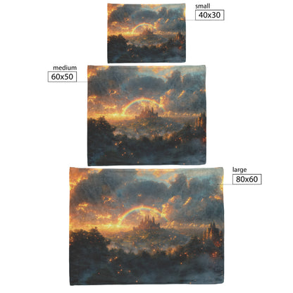 Vibrant Rainbow Over Enchanted Fantasy Castle Lush Greenery Glowing Clouds Golden Mist Fleece Sherpa Blanket - Awakening Righteousness