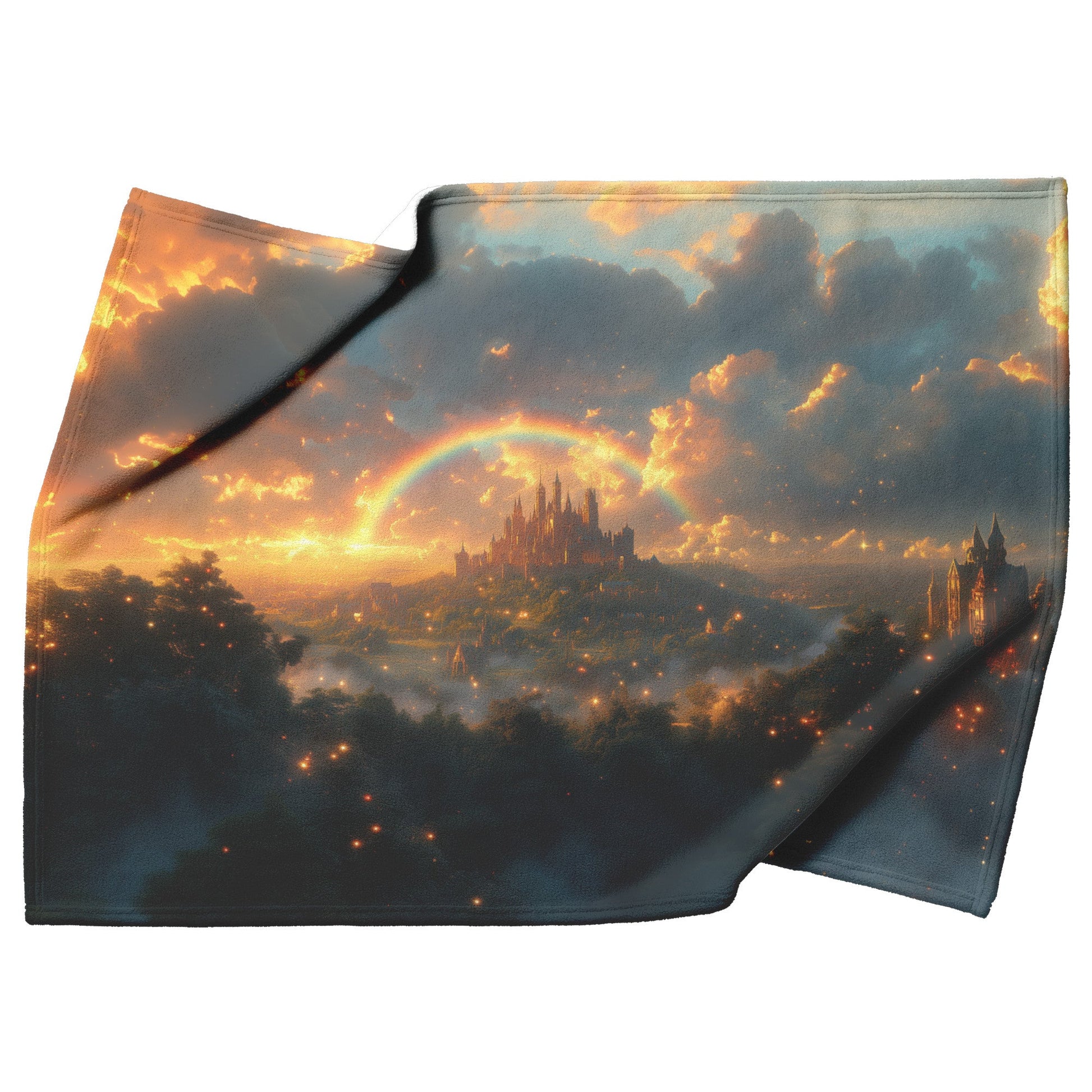 Vibrant Rainbow Over Enchanted Fantasy Castle Lush Greenery Glowing Clouds Golden Mist Fleece Sherpa Blanket - Awakening Righteousness