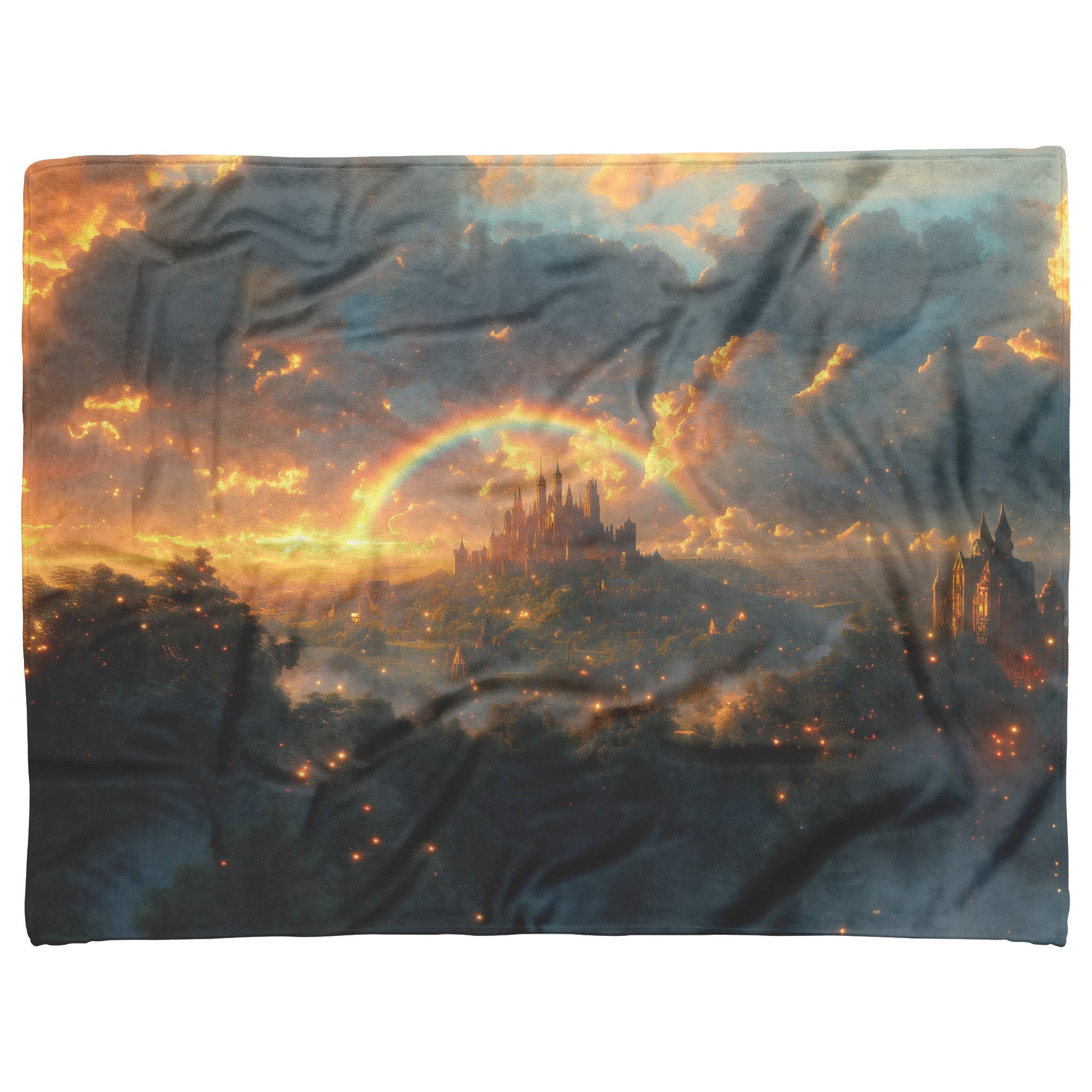 Vibrant Rainbow Over Enchanted Fantasy Castle Lush Greenery Glowing Clouds Golden Mist Fleece Sherpa Blanket - Awakening Righteousness