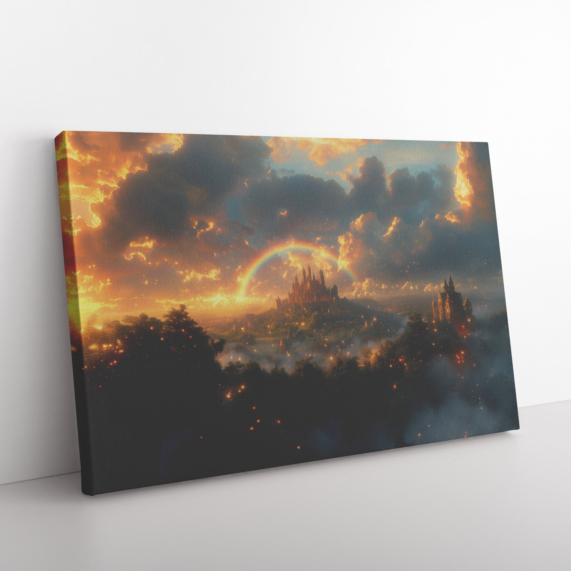 Vibrant Rainbow Over Enchanted Fantasy Castle Lush Greenery Glowing Clouds Sparkling Golden Mist Canvas Wall Art - Awakening Righteousness
