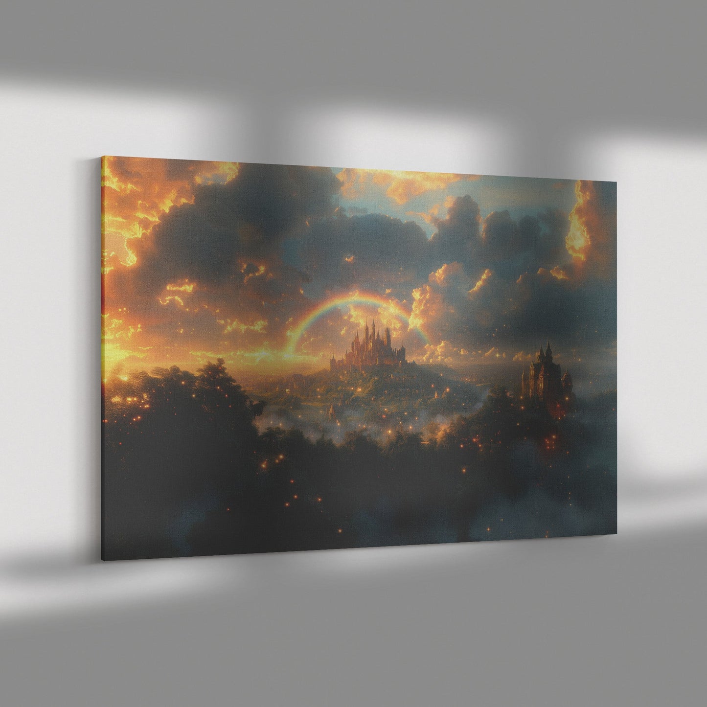 Vibrant Rainbow Over Enchanted Fantasy Castle Lush Greenery Glowing Clouds Sparkling Golden Mist Canvas Wall Art - Awakening Righteousness