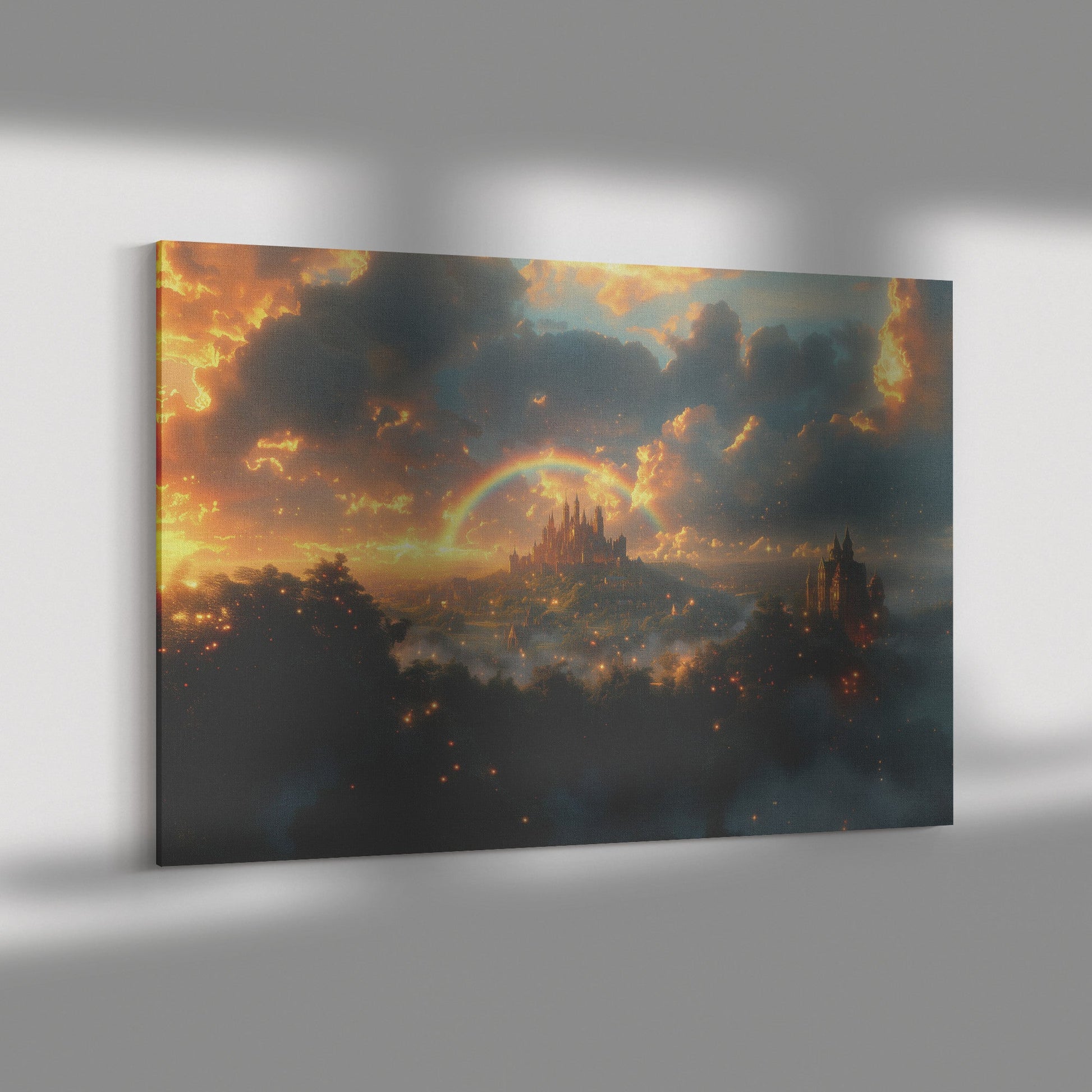 Vibrant Rainbow Over Enchanted Fantasy Castle Lush Greenery Glowing Clouds Sparkling Golden Mist Canvas Wall Art - Awakening Righteousness