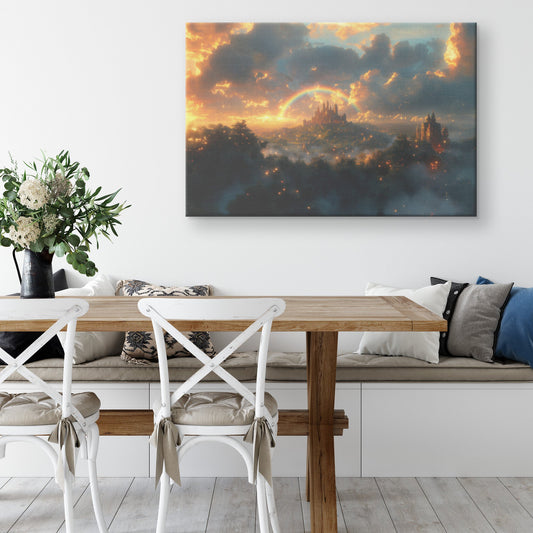 Vibrant Rainbow Over Enchanted Fantasy Castle Lush Greenery Glowing Clouds Sparkling Golden Mist Canvas Wall Art - Awakening Righteousness