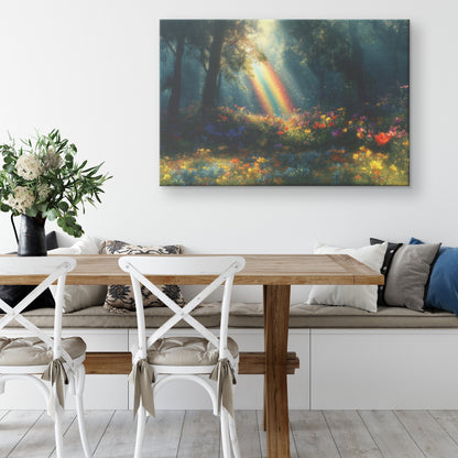 Vibrant Rainbow Over Mystical Forest Clearing Glowing Trees Ethereal Light Colorful Wildflowers Shimmering Mist Canvas Art - Awakening Righteousness