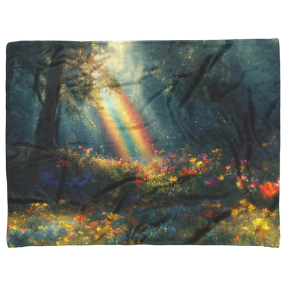 Vibrant Rainbow Over Mystical Forest Clearing Glowing Trees Ethereal Light Wildflowers Shimmering Mist Fleece Sherpa Blanket - Awakening Righteousness