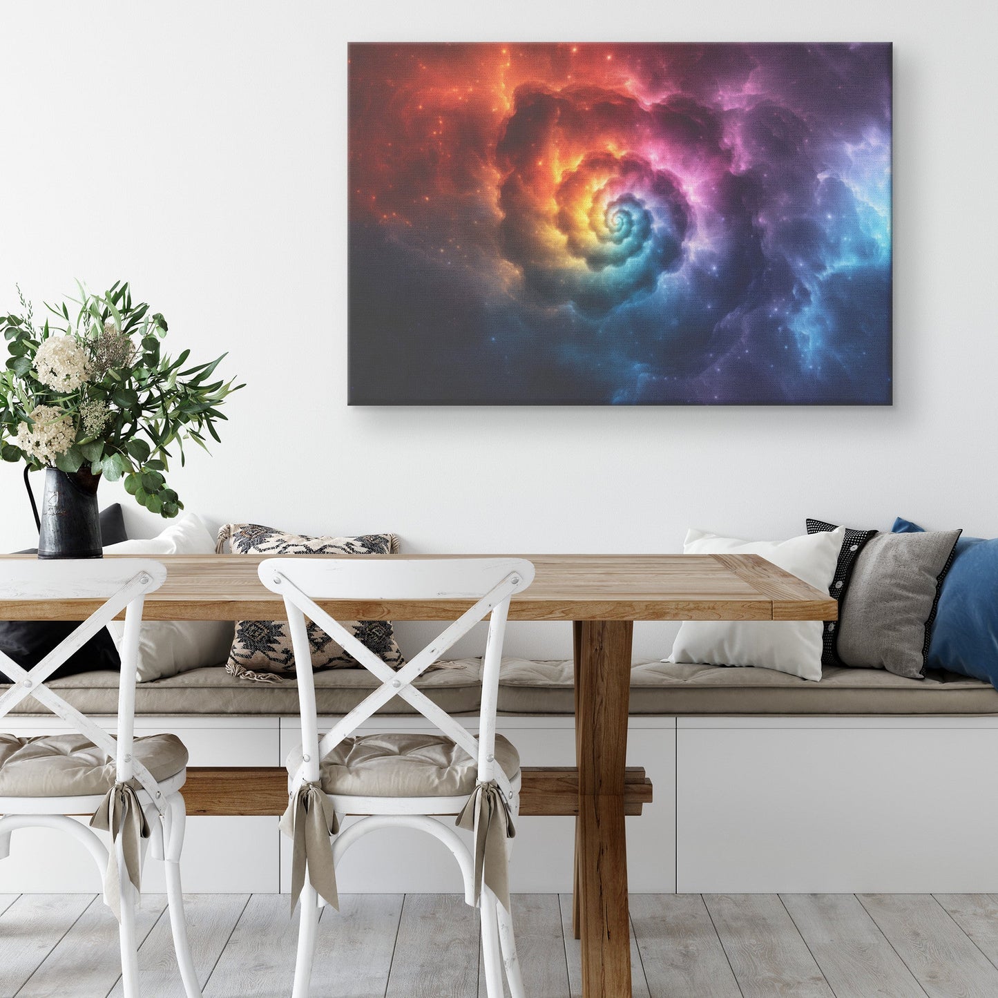 Vibrant Rainbow Tie Dye Canvas Wall Art Decor with Perfect Spiral Pattern Glowing in Bright Hues and Shimmering Light Trails - Awakening Righteousness