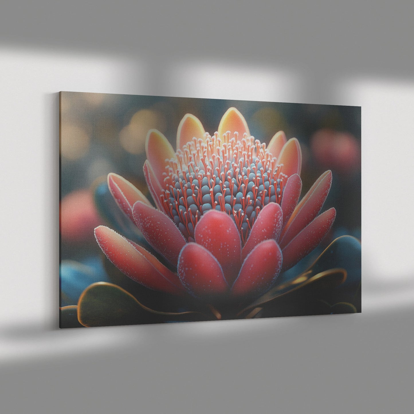 Vibrant Red Flower Macro Closeup with Dew Drops Elegant Nature Inspired Canvas Wall Art Decor for Home or Office - Awakening Righteousness