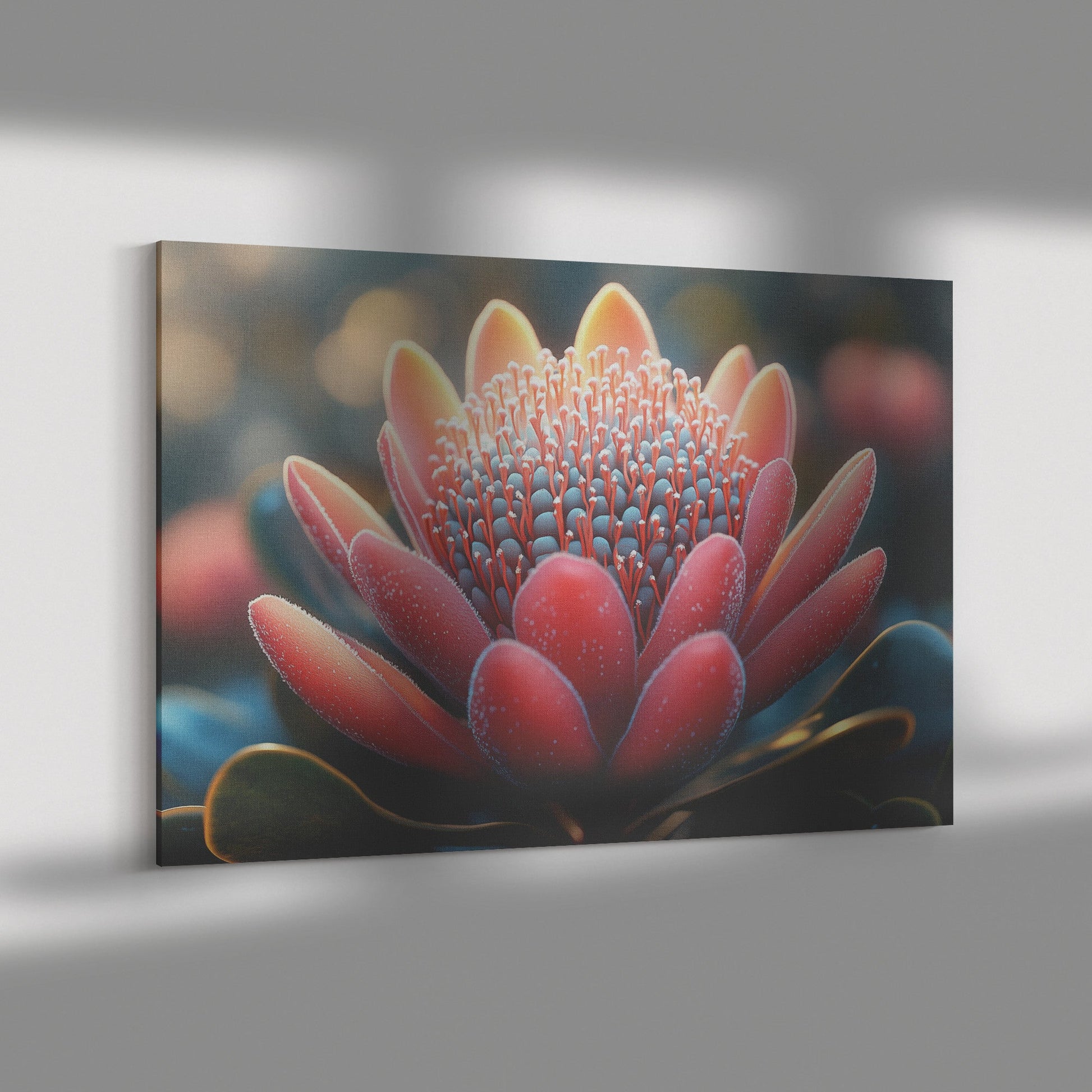 Vibrant Red Flower Macro Closeup with Dew Drops Elegant Nature Inspired Canvas Wall Art Decor for Home or Office - Awakening Righteousness