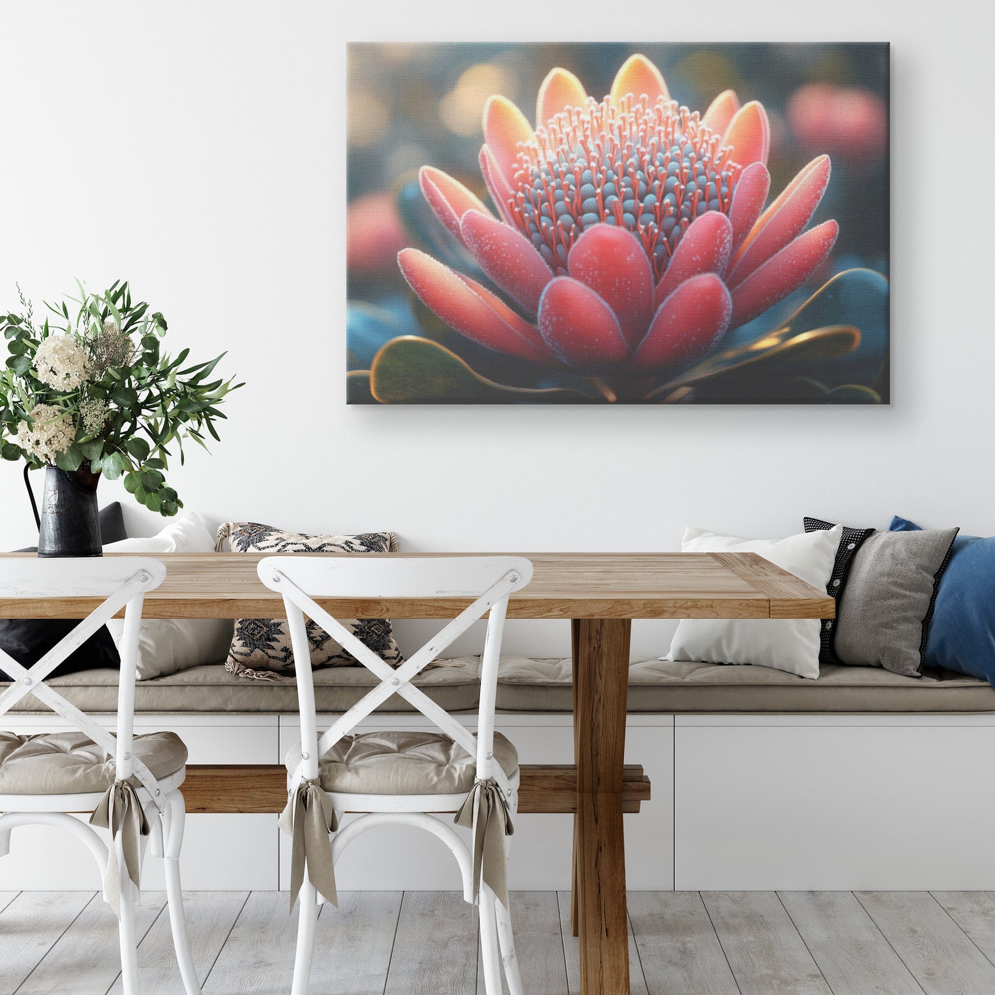 Vibrant Red Flower Macro Closeup with Dew Drops Elegant Nature Inspired Canvas Wall Art Decor for Home or Office - Awakening Righteousness