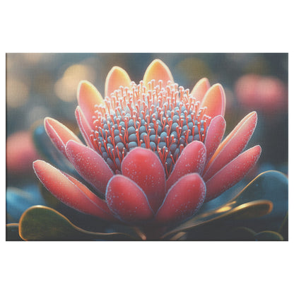 Vibrant Red Flower Macro Closeup with Dew Drops Elegant Nature Inspired Canvas Wall Art Decor for Home or Office - Awakening Righteousness