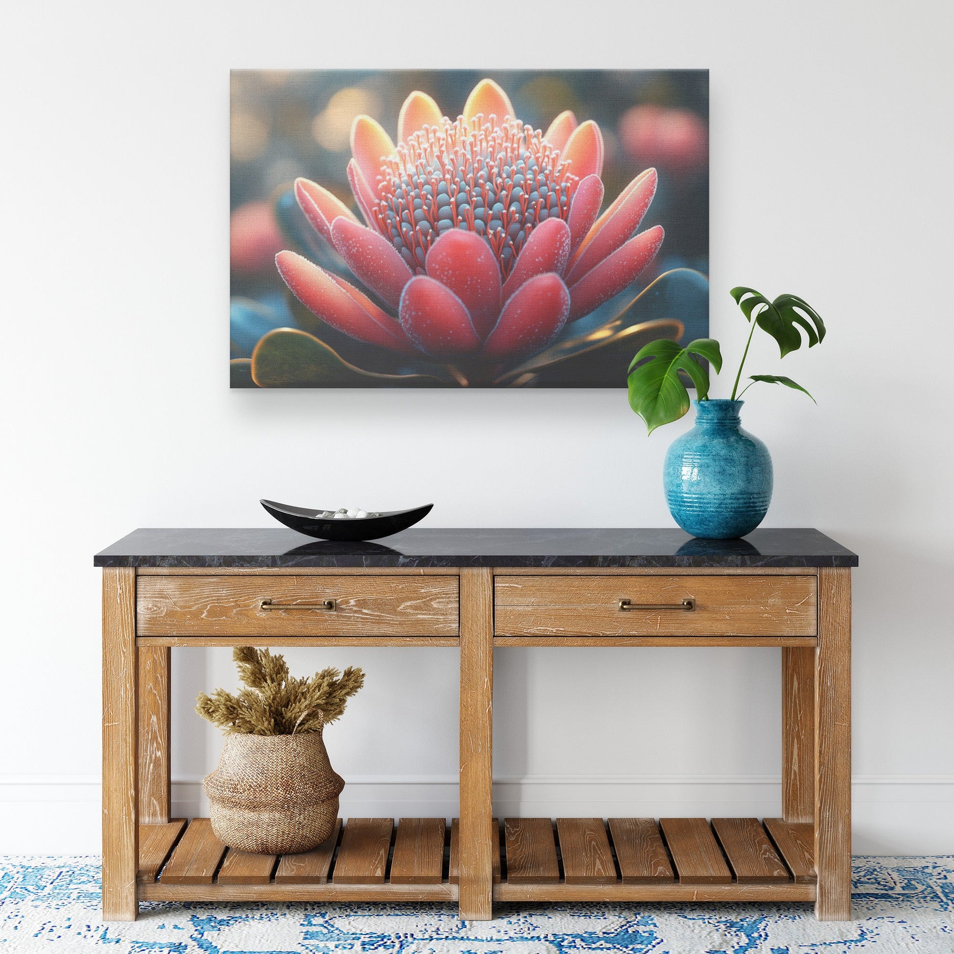 Vibrant Red Flower Macro Closeup with Dew Drops Elegant Nature Inspired Canvas Wall Art Decor for Home or Office - Awakening Righteousness