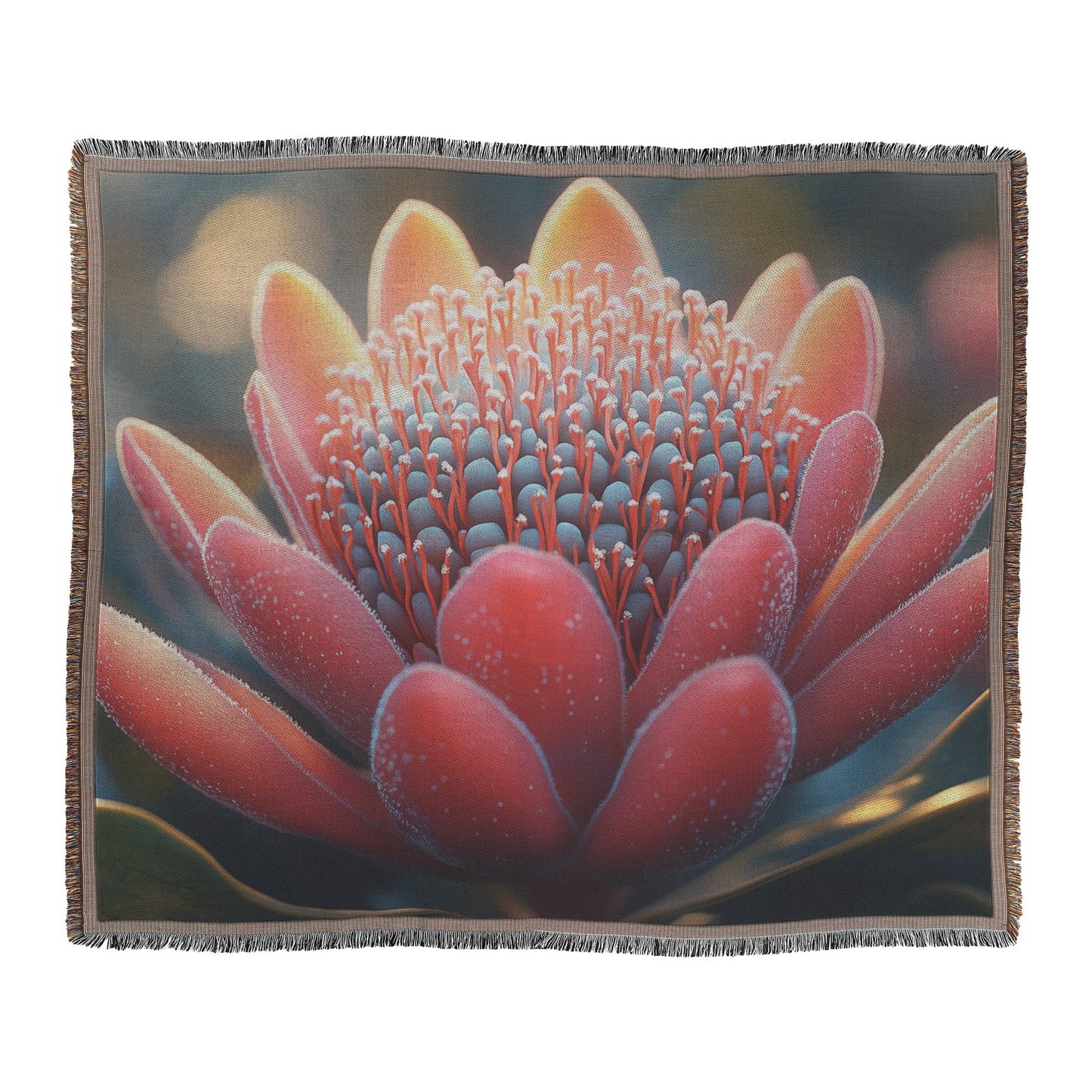 Vibrant red flower with blue center intricate petal details woven throw blanket nature's beauty delicate design - Awakening Righteousness