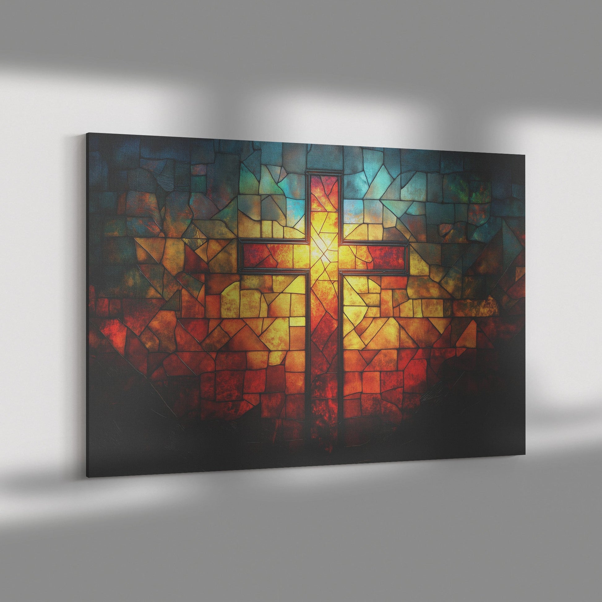 Vibrant Stained Glass Cross in Fiery Tones Christian Canvas Wall Art for Faith Inspired Home Decor - Awakening Righteousness