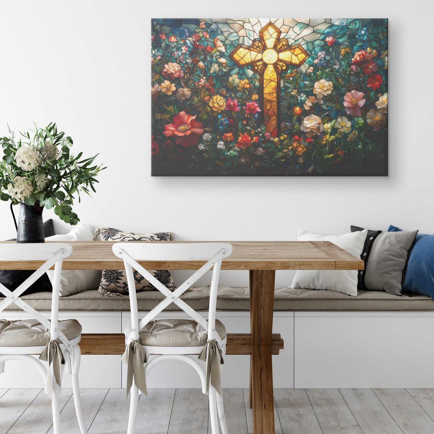 Vibrant Stained Glass Cross with Blooming Floral Design for Inspiring Wall Art and Christian Home Decor - Awakening Righteousness