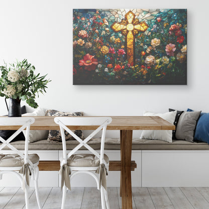 Vibrant Stained Glass Cross with Blooming Floral Design for Inspiring Wall Art and Christian Home Decor - Awakening Righteousness