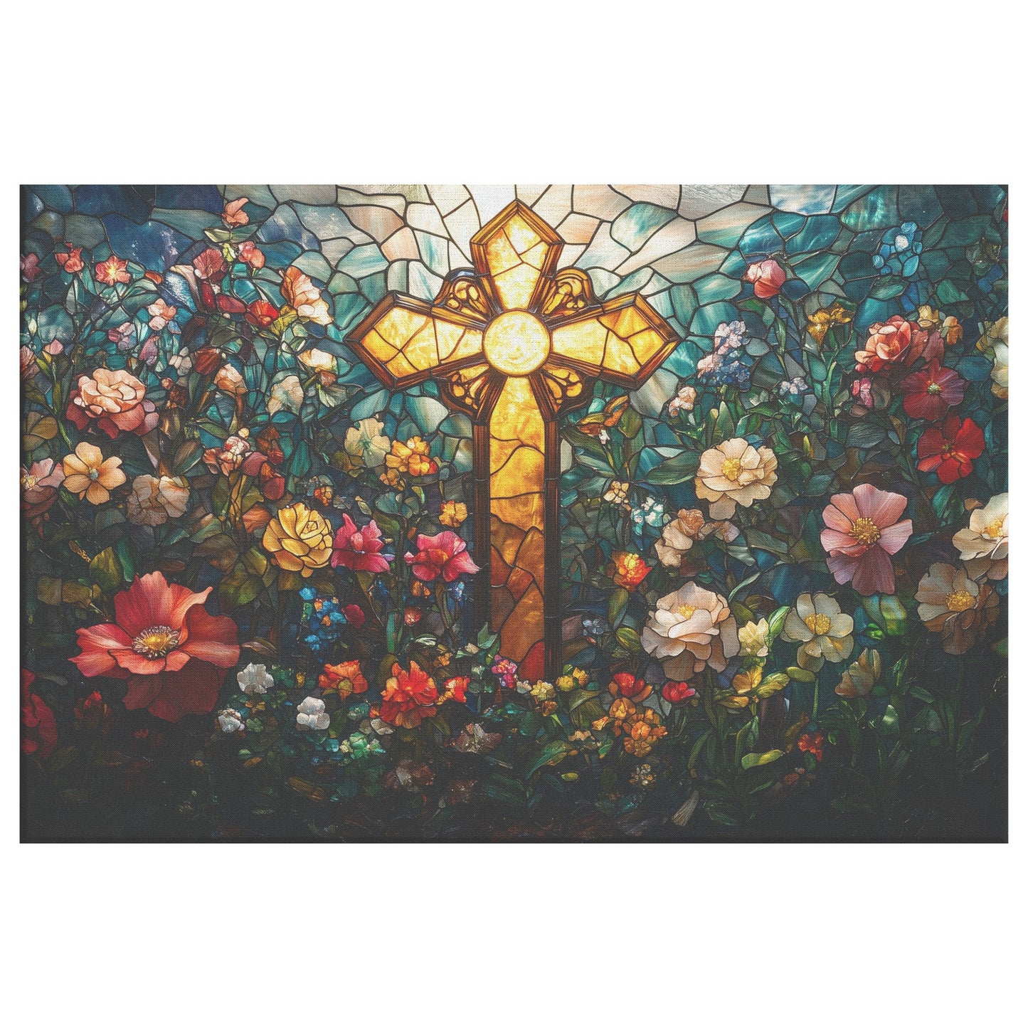 Vibrant Stained Glass Cross with Blooming Floral Design for Inspiring Wall Art and Christian Home Decor - Awakening Righteousness