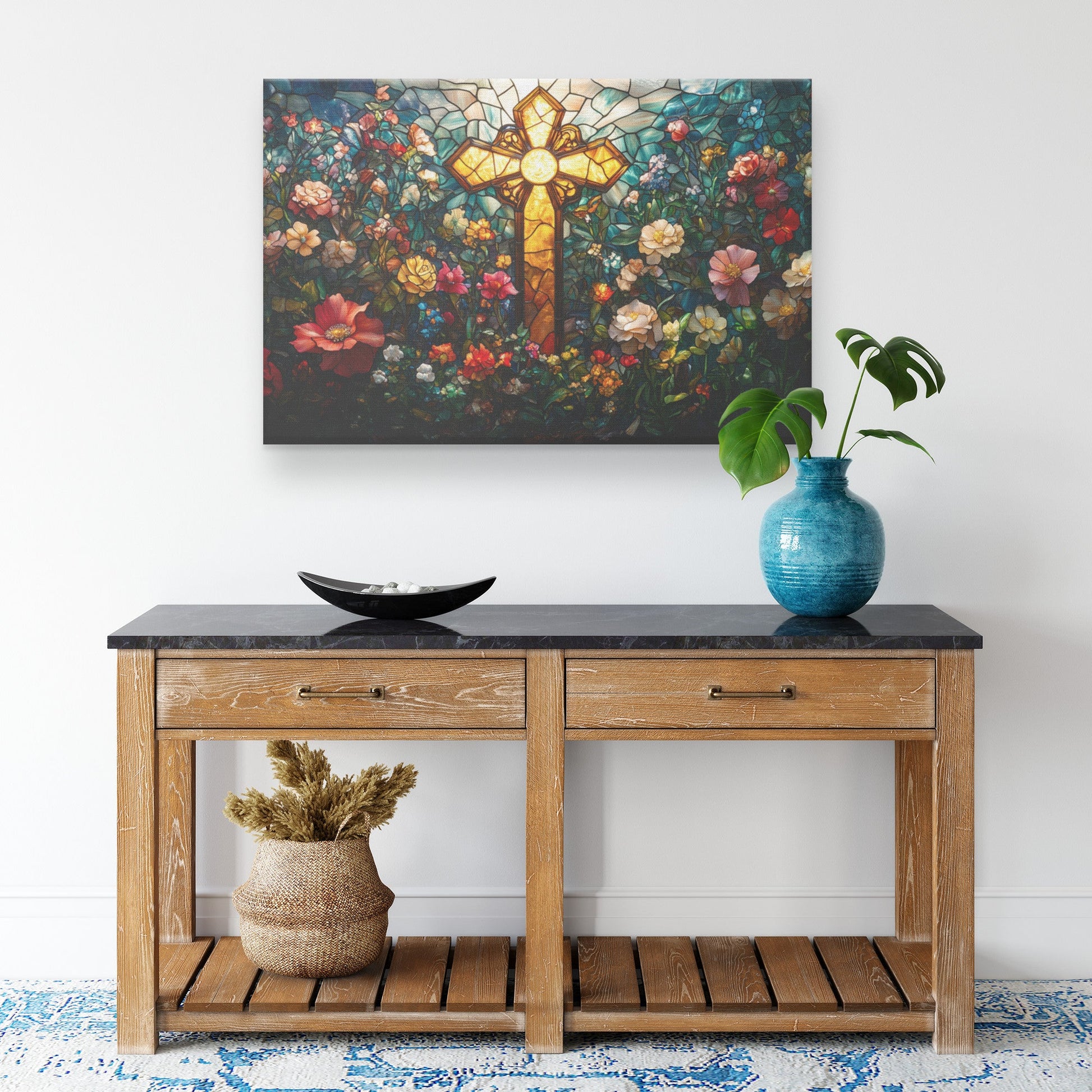Vibrant Stained Glass Cross with Blooming Floral Design for Inspiring Wall Art and Christian Home Decor - Awakening Righteousness