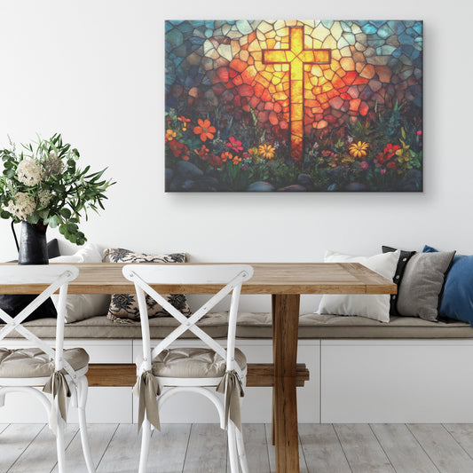 Vibrant Stained Glass Cross with Sunlit Wildflowers Inspirational Canvas Wall Art Christian Home Decor - Awakening Righteousness