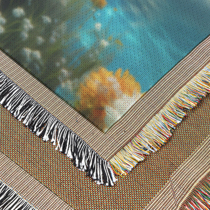 Vibrant Woven Throw Blanket with Sunny Floral Meadow and Peaceful Lake View Under Bright Blue Sky - Awakening Righteousness