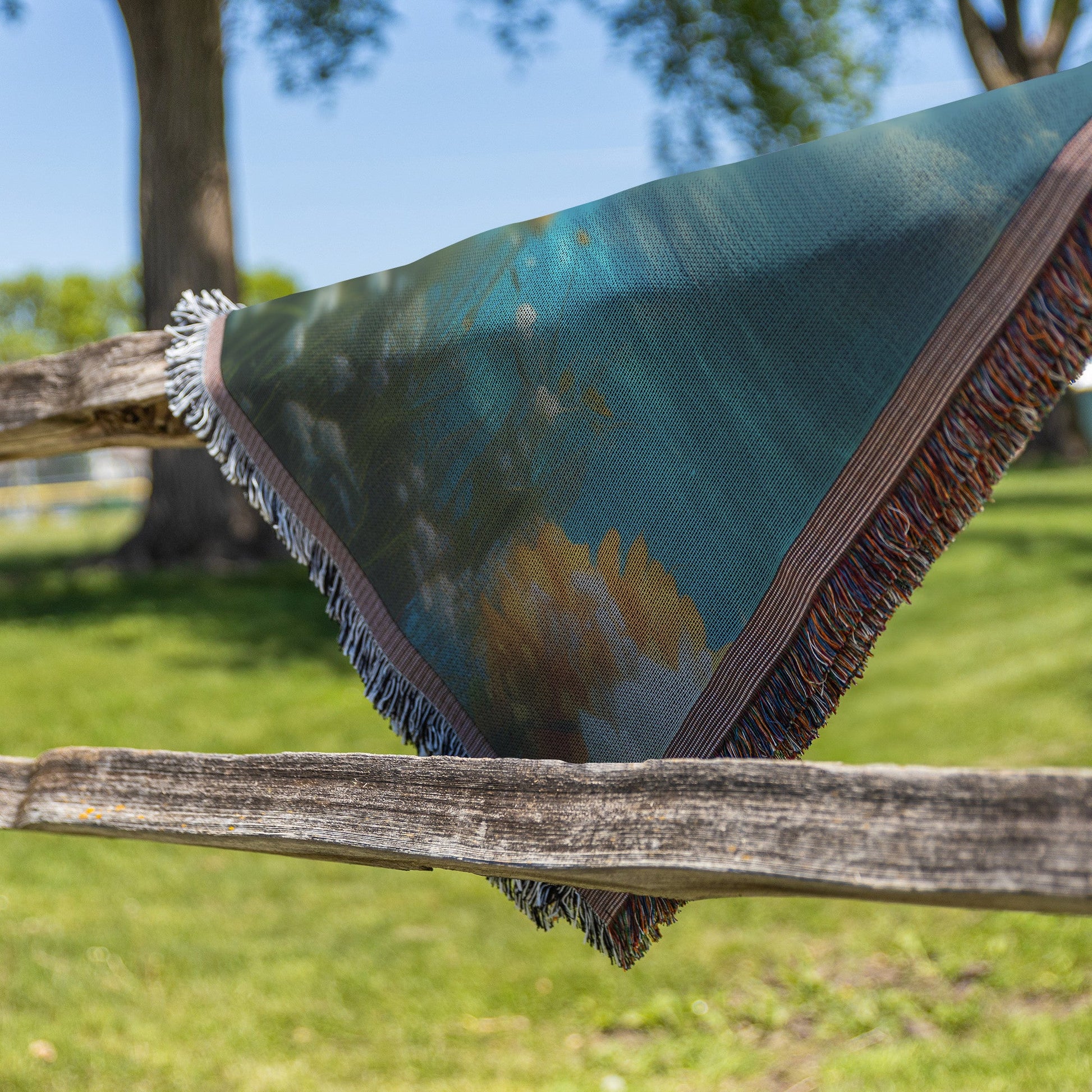 Vibrant Woven Throw Blanket with Sunny Floral Meadow and Peaceful Lake View Under Bright Blue Sky - Awakening Righteousness
