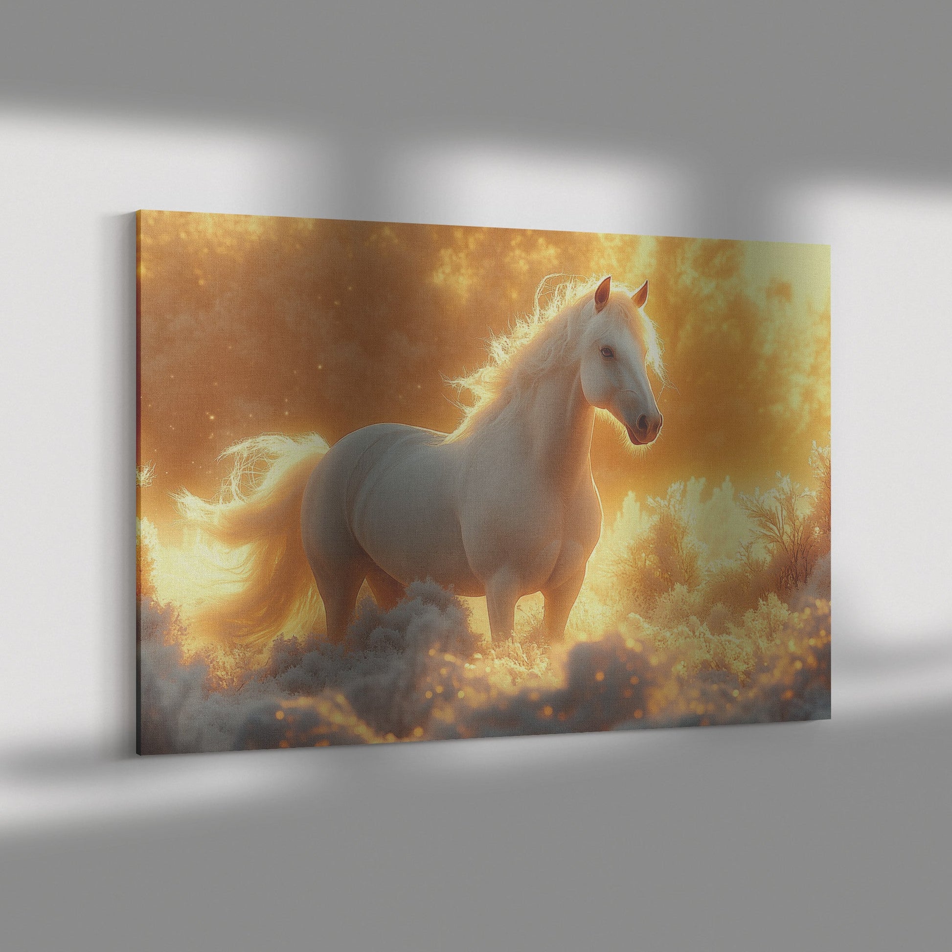 White Arabian Horse in Snowy Landscape Under Soft Glowing Sunlight with Hyper-Detailed Fur Canvas Wall Art Decor - Awakening Righteousness