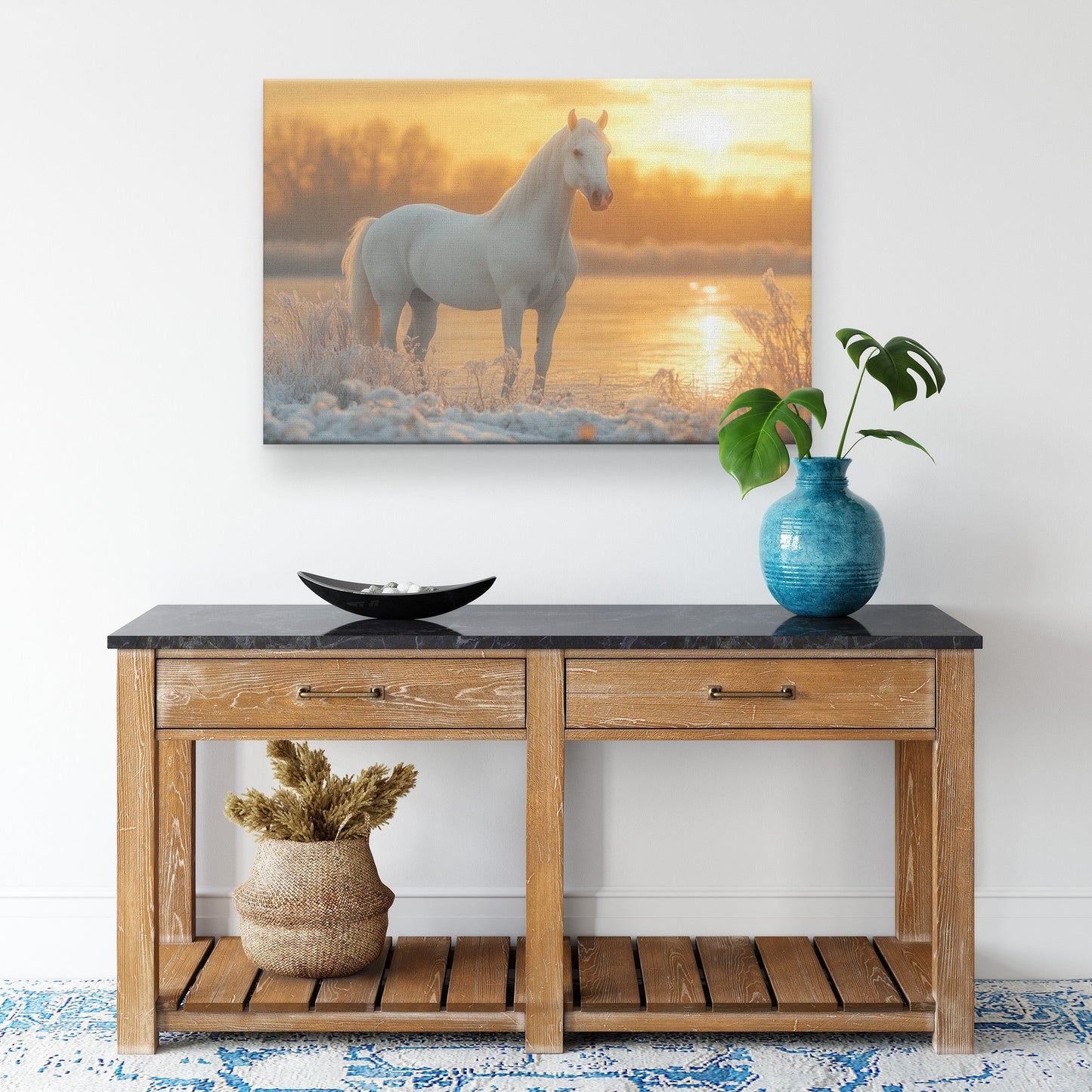 White Arabian Horse in Snowy Landscape Under Soft Glowing Sunlight with Hyper Detailed Fur Canvas Wall Art Decor - Awakening Righteousness