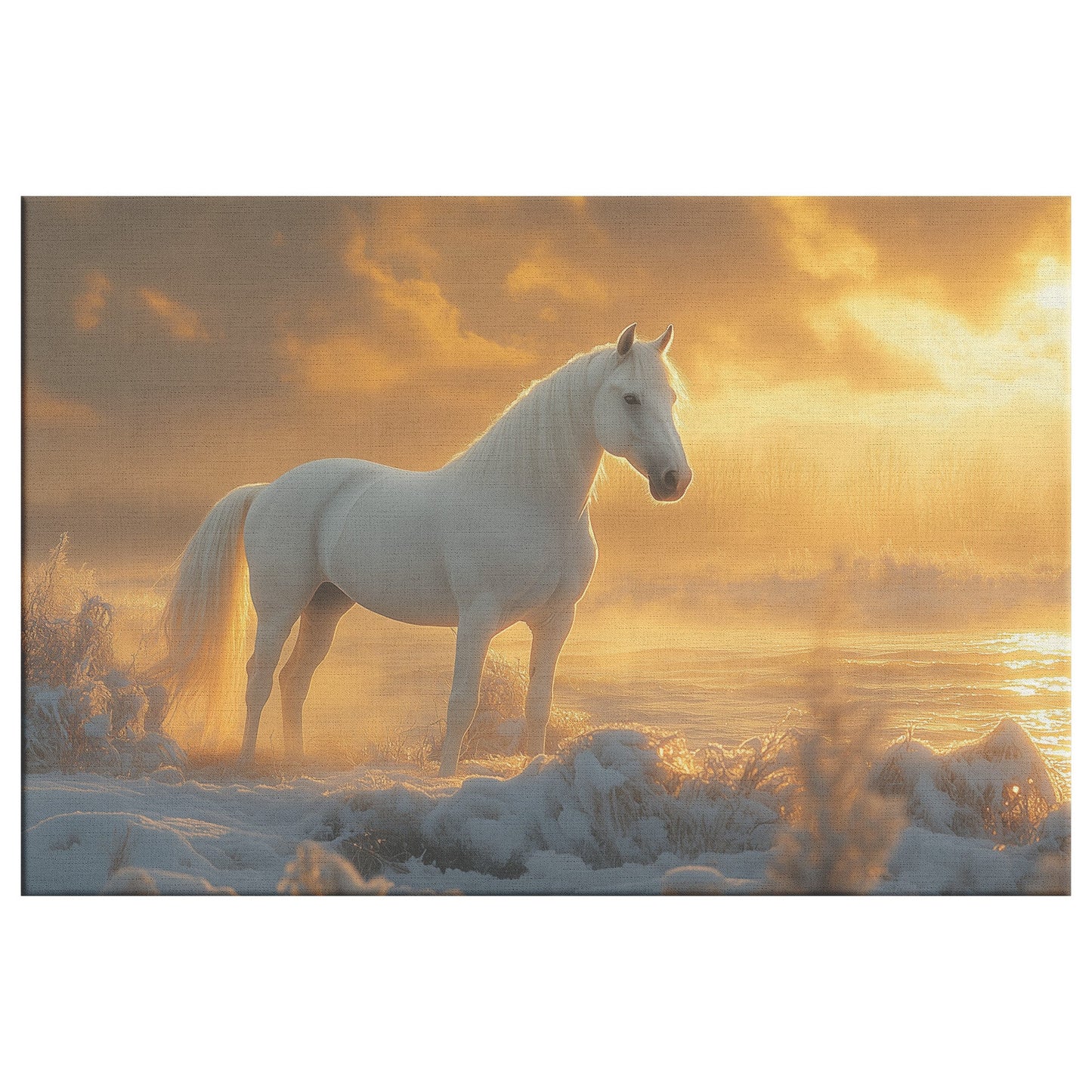 White Arabian Horse in Snowy Landscape Under Soft Glowing Sunlight with Hyper Detailed Fur Canvas Wall Art Decor - Awakening Righteousness