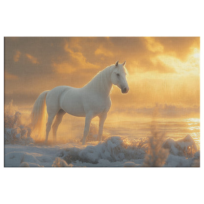 White Arabian Horse in Snowy Landscape Under Soft Glowing Sunlight with Hyper Detailed Fur Canvas Wall Art Decor - Awakening Righteousness