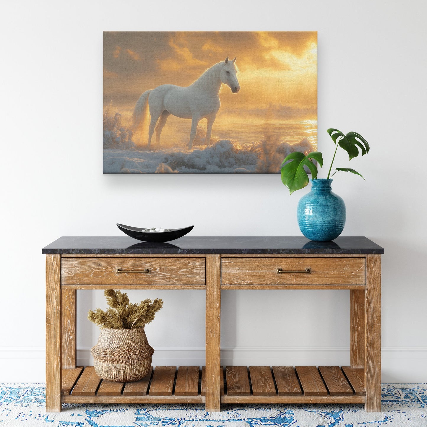 White Arabian Horse in Snowy Landscape Under Soft Glowing Sunlight with Hyper Detailed Fur Canvas Wall Art Decor - Awakening Righteousness