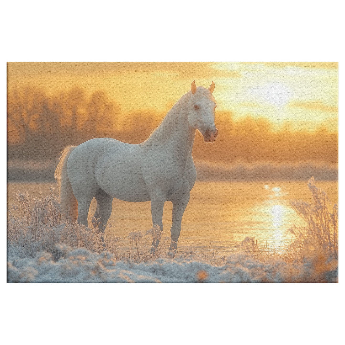 White Arabian Horse in Snowy Landscape Under Soft Glowing Sunlight with Hyper Detailed Fur Canvas Wall Art Decor - Awakening Righteousness