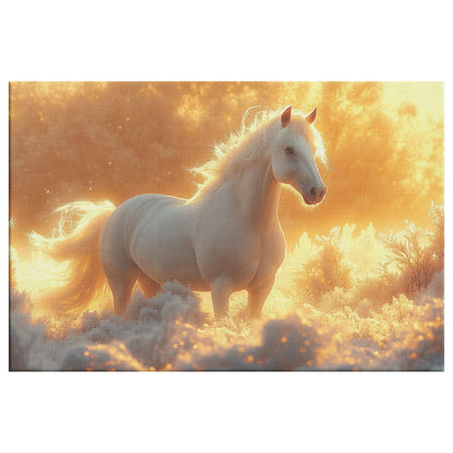 White Arabian Horse in Snowy Landscape Under Soft Glowing Sunlight with Hyper-Detailed Fur Canvas Wall Art Decor - Awakening Righteousness