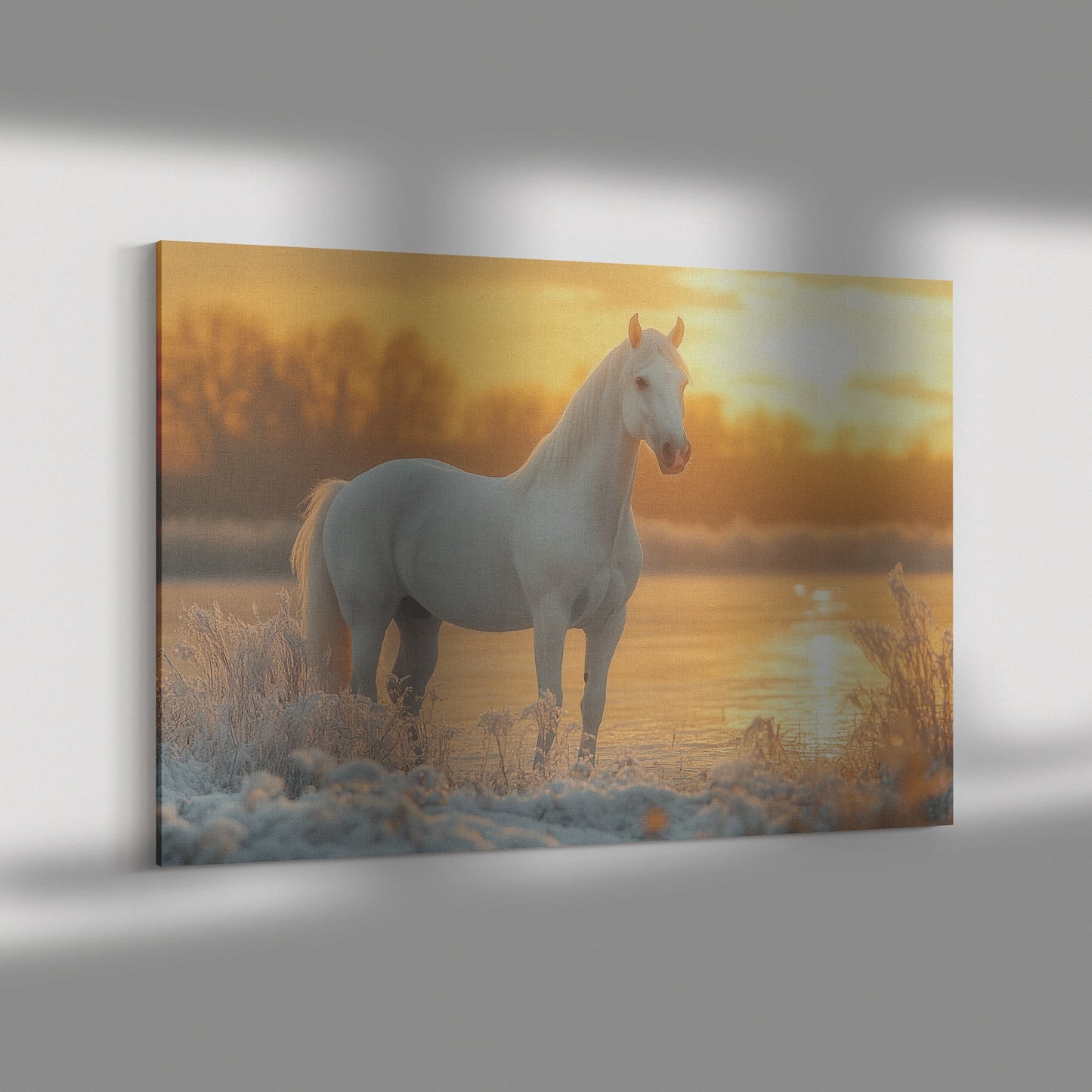 White Arabian Horse in Snowy Landscape Under Soft Glowing Sunlight with Hyper Detailed Fur Canvas Wall Art Decor - Awakening Righteousness