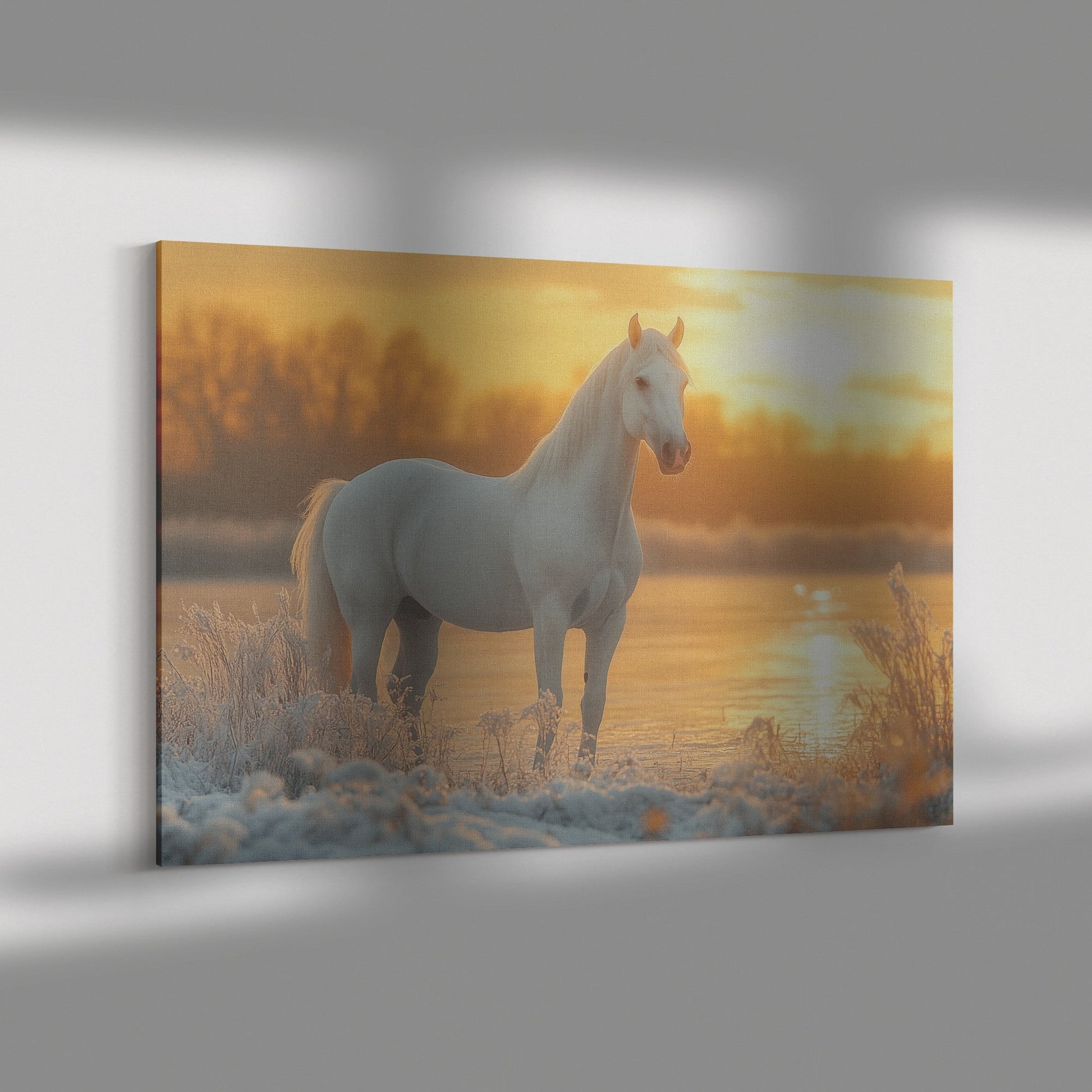White Arabian Horse in Snowy Landscape Under Soft Glowing Sunlight with Hyper Detailed Fur Canvas Wall Art Decor - Awakening Righteousness