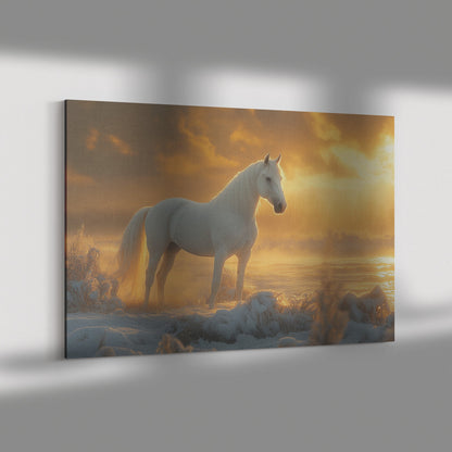 White Arabian Horse in Snowy Landscape Under Soft Glowing Sunlight with Hyper Detailed Fur Canvas Wall Art Decor - Awakening Righteousness