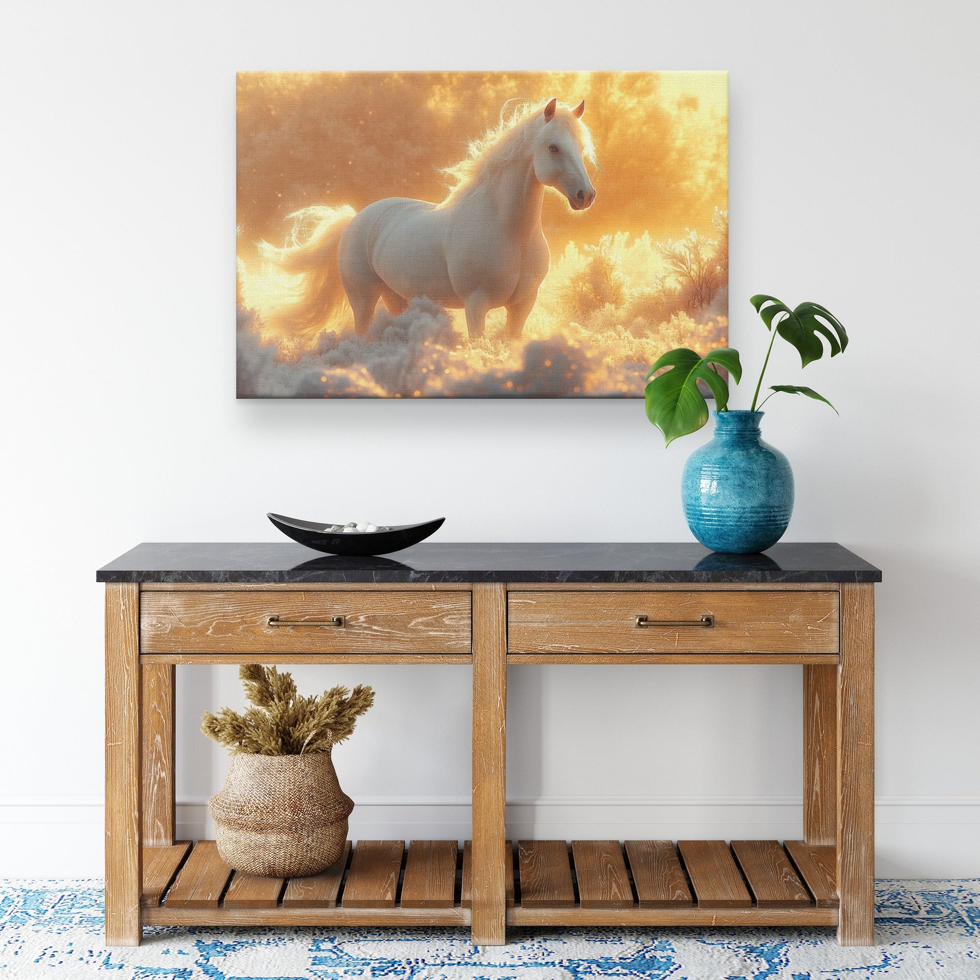 White Arabian Horse in Snowy Landscape Under Soft Glowing Sunlight with Hyper-Detailed Fur Canvas Wall Art Decor - Awakening Righteousness