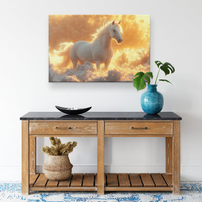 White Arabian Horse in Snowy Landscape Under Soft Glowing Sunlight with Hyper-Detailed Fur Canvas Wall Art Decor - Awakening Righteousness