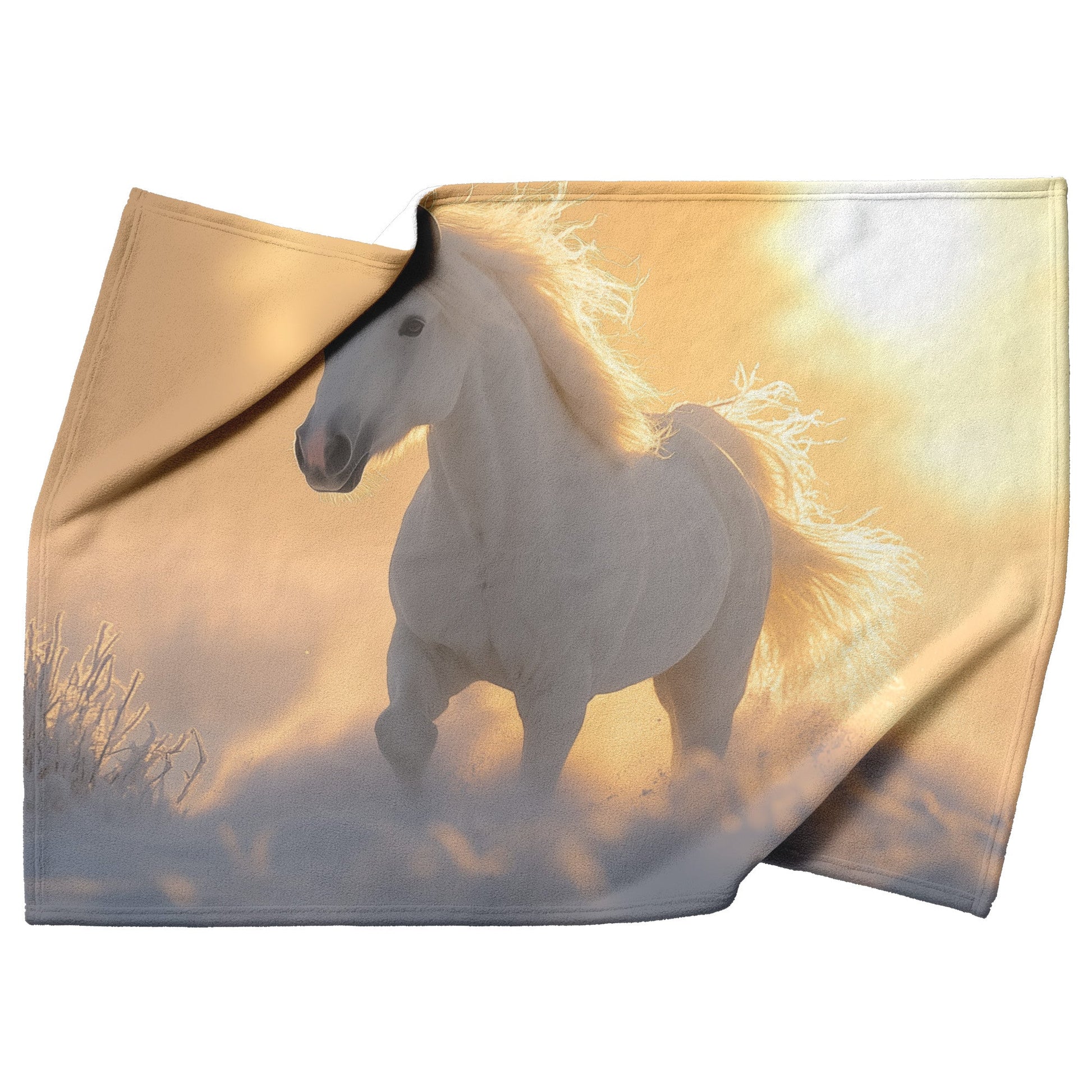 White Arabian Horse in Snowy Landscape Under Soft Glowing Sunlight with Snow Textures Fleece Sherpa Blanket - Awakening Righteousness