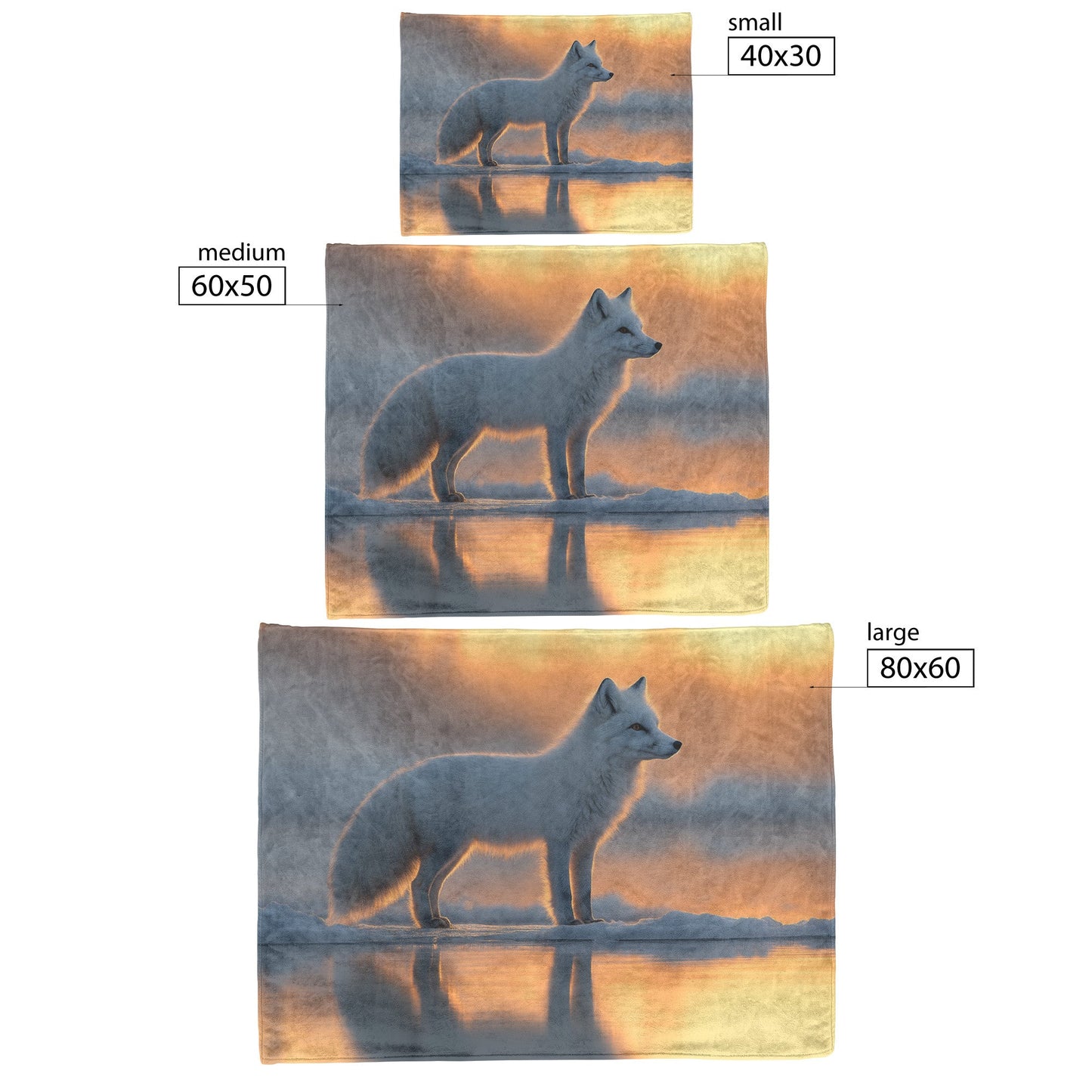White Arctic Fox on Glowing Snow Under Vibrant Sunset with Silver Highlights in Fur Magical Fleece Sherpa Blanket - Awakening Righteousness