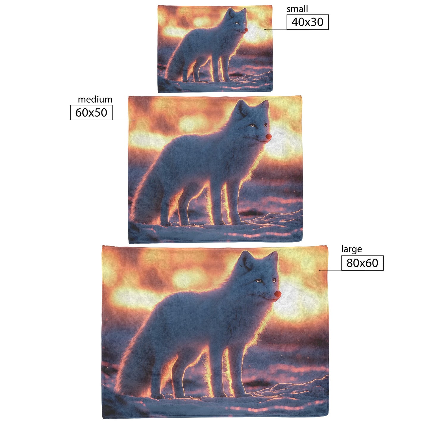 White Arctic Fox on Glowing Snow Under Vibrant Sunset with Silver Highlights in Fur Magical Fleece Sherpa Blanket - Awakening Righteousness