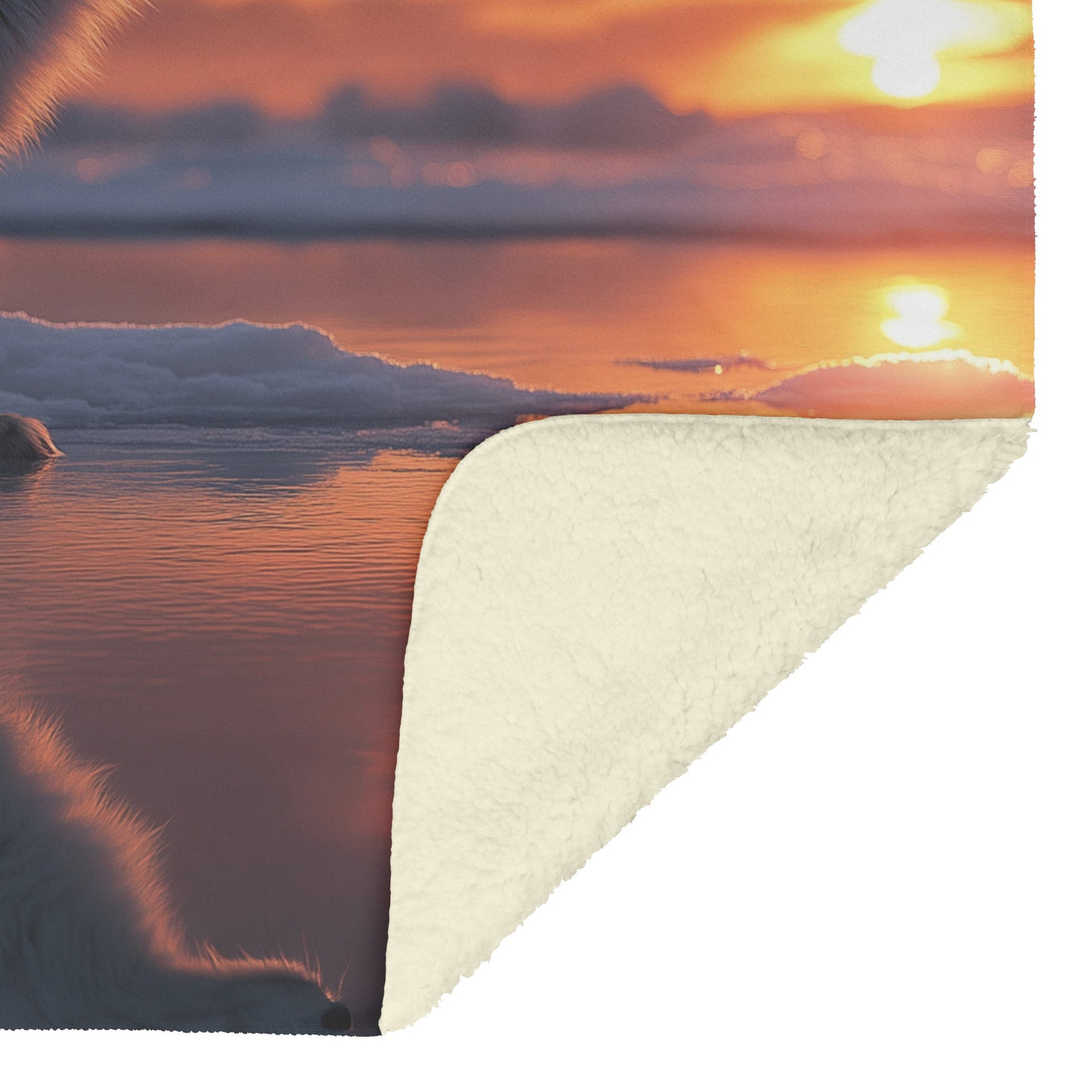 White Arctic Fox on Glowing Snow Under Vibrant Sunset with Silver Highlights in Fur Magical Fleece Sherpa Blanket - Awakening Righteousness