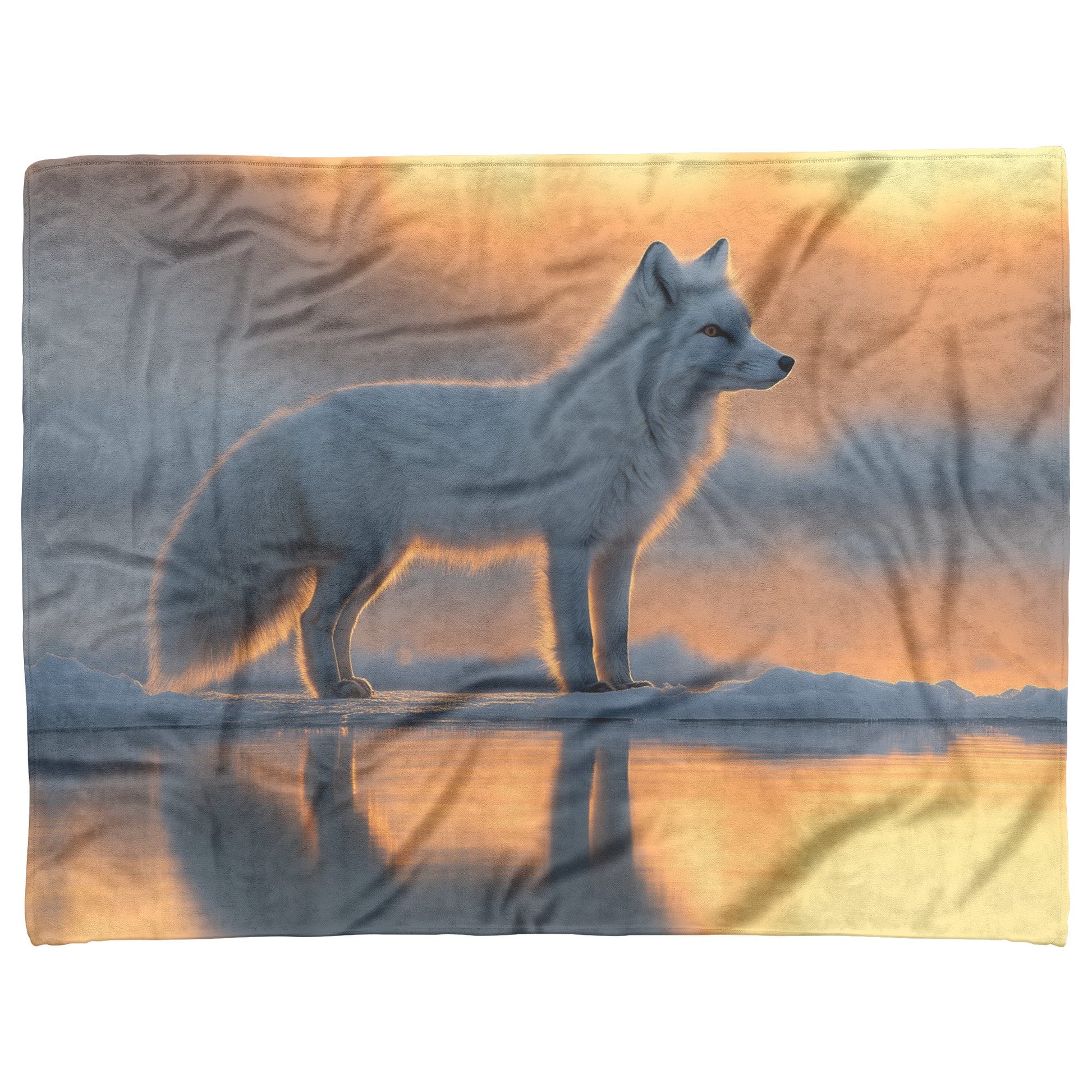 White Arctic Fox on Glowing Snow Under Vibrant Sunset with Silver Highlights in Fur Magical Fleece Sherpa Blanket - Awakening Righteousness