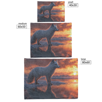 White Arctic Fox on Glowing Snow Under Vibrant Sunset with Silver Highlights in Fur Magical Fleece Sherpa Blanket - Awakening Righteousness