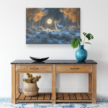 White Deer in Magical Snowy Forest Glowing Full Moon Intricate Antlers Silver Highlights Canvas Wall Art - Awakening Righteousness