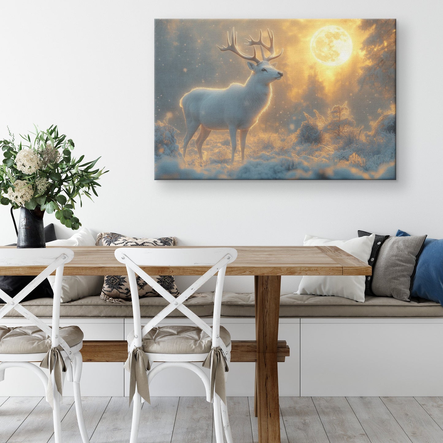 White Deer in Magical Snowy Forest Under Glowing Full Moon Canvas Wall Art Decor - Awakening Righteousness